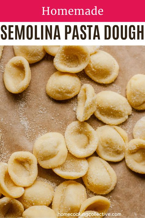 This homemade semolina pasta dough is an easy eggless recipe used to make hand-rolled cavatelli, orecchiette, and many more shapes traditional to Southern and Central Italy. Here's how to make it. Homemade Pasta With Semolina Flour, Homemade Semolina Pasta, Semolina Pasta Dough, Semolina Pasta Recipe, Zone Meals, Pasta Making Recipes, Pasta Recipes Video, Pasta Dough Recipes, Processor Recipes