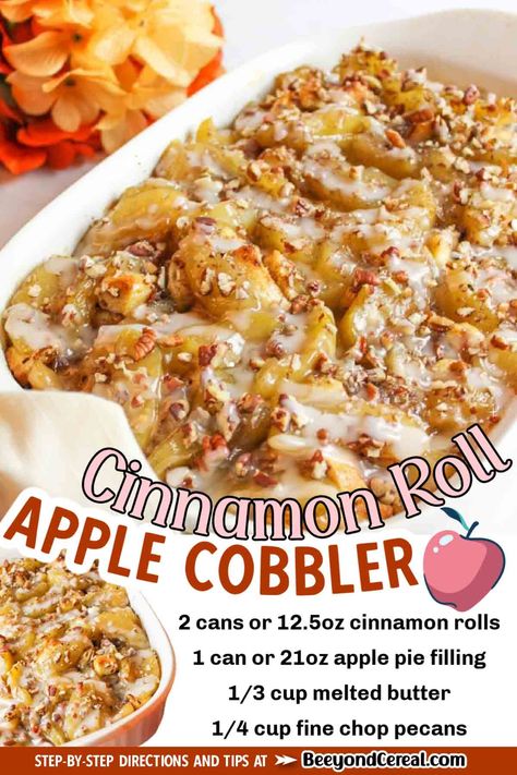 This cinnamon roll apple cobbler only needs 4 ingredients to make it. It's the perfect addition to breakfast or dessert this fall and very quick to throw together too. You're going to love this fall-flavored treat. Desserts For Thanksgiving Dinner, Cinnamon Roll Apple Cobbler, Apple Cinnamon Roll Bake, Pillsbury Cinnamon Roll Recipes, Dessert Rolls, Cinnamon Roll Desserts, Cinnamon Roll Apple Pie, Cinnamon Roll Casserole, Cinnamon Roll Bake