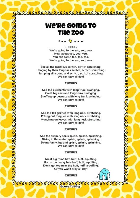 Download this popular kids video song "We're Going To The Zoo" With FREE lyrics & fun activities. On YouTube or listen on itunes or Spotify.  | Trip to the Zoo Ideas + Tips Zoo Song, Dear Zoo Activities, Zoo Activities Preschool, Zoo Songs, Zoo Lessons, Preschool Zoo Theme, Zoo Preschool, Zoo Activities, Free Lyrics