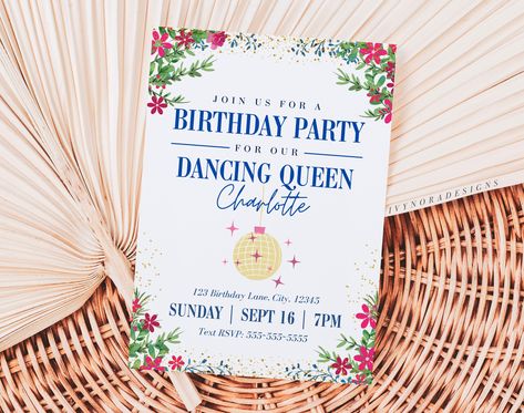 Dancing Queen Birthday Party Invitation Editable Download - Etsy Portugal Dancing Queen 30th Birthday, Dancing Queen Birthday Invitations, Mamma Mia Birthday Invitations, Mama Mia Invitation, Mamma Mia Party Invitations, Dancing Queen Birthday Party, 21st Themes, Mamma Mia Invitation, Dancing Queen Birthday