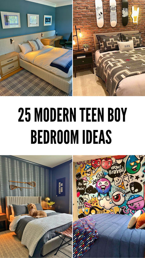 A collection of modern teen boy bedroom designs showcasing various styles like vibrant graffiti walls, sleek industrial themes, and cozy neutral tones. Wallpaper For Teen Boy Bedroom, Boys Bedrooms Ideas Teenagers, Teenager Bedroom Design Girl, Paint For Teenage Boys Bedroom, Teen Boy Bedroom Colors Paint Ideas, Gamer Teen Boy Bedroom, Bedrooms For Teenage Boys, Teen Boy Bedroom Paint Ideas, Teenage Boys Shared Bedroom Ideas