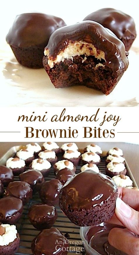 Mini Almond Joy Brownies- bites of deliciousness for holidays and more! #cookie #recipe #Christmasfood #chocolate Brownies Bites, Almond Joy Brownies, Oregon Cottage, Christmas Eats, Homemade Ketchup, Fall Entertaining, Coconut Almond, Almond Joy, Brownie Bites