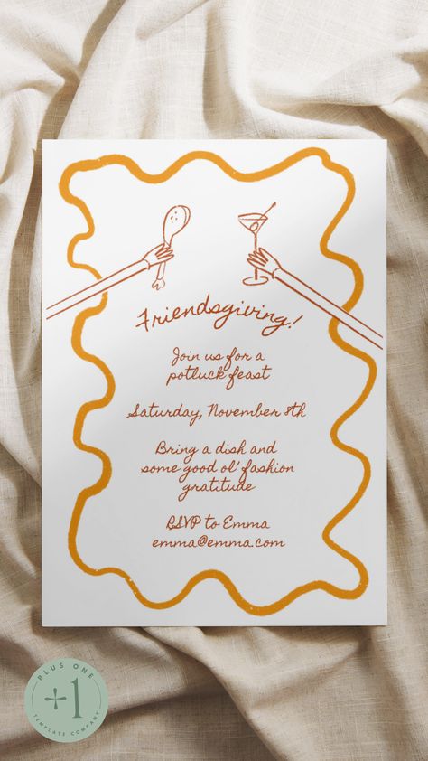 Friendsgiving Menu Template, Dinner Party Fall, Thanksgiving Invites, Potluck Dinner Party, Friendsgiving Menu, Coquette Party, Friendsgiving Dinner Party, Party Illustration, Stationary Ideas