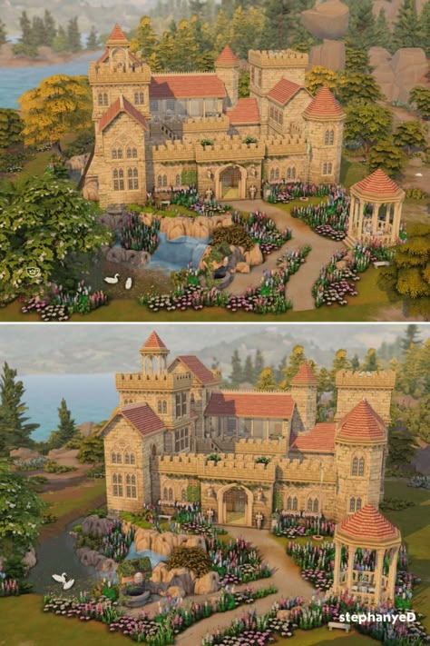 Medieval Castle created with the Sims 4 Castle Estate Kit! The castle is located on a land covered with beautiful flowers. A romantic castle hideout for the Sims to go back to the history. Castle Medieval, Castle House Animal Crossing, Sims Castle Layout, Sims 4 Estate, Sims 4 Castle Layout, Sims 4 Medieval House, Sims Castle, Sims 4 Chateau, Castle Floor Plans Medieval