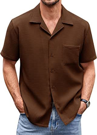 Image: A stylish men's waffle shirt in a relaxed fit. The shirt is made of lightweight fabric with a unique waffle pattern. It features a cuba collar and a chest pocket, adding a touch of sophistication. The shirt is shown in a vibrant summer color, perfect for casual and business settings. Stay cool and fashionable this summer with our versatile men's waffle shirt. Mens Summer Style Casual, Waffle Knit Shirt, Photography Shirts, Mens Smart Casual Outfits, Spring Outfits Men, Waffle Shirt, Waffle Fabric, Concept Clothing, American Casual