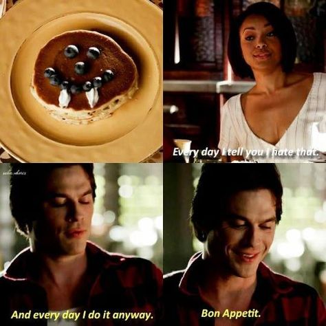 The ONLY way to eat pancakes. The Vampire Diaries Tvd Scenes, Damon And Bonnie, Twilight Jokes, Diary Diy, Vampire Diaries Quotes, Shatter Me Series, Vampire Diaries Damon, Bonnie Bennett, Worst Day