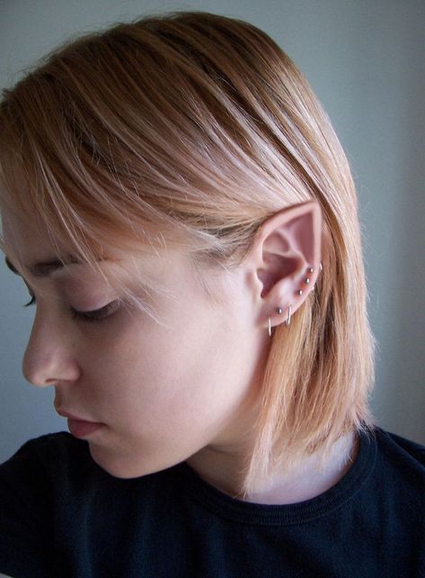 Elf Ear Piercing, Elf Ears With Piercings, Werewolf Ears, Pixie Ears, Body Modification Piercings, Ear Piercing Ideas, Ear Piercings Chart, Piercing Chart, Double Ear Piercings