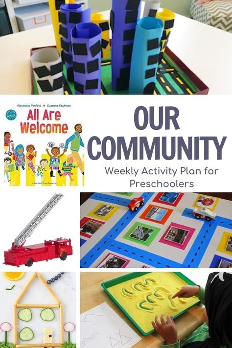 A week of planned simple, low prep activities for preschoolers on the theme of our community featuring the book All are Welcome by Alexandra Penfold All Are Welcome Book Activities, Preschool Social Studies, Neighborhood Activities, Community Helpers Preschool Activities, Communities Unit, Preschool Community Helpers, Book Club For Kids, Community Helpers Theme, Community Ideas