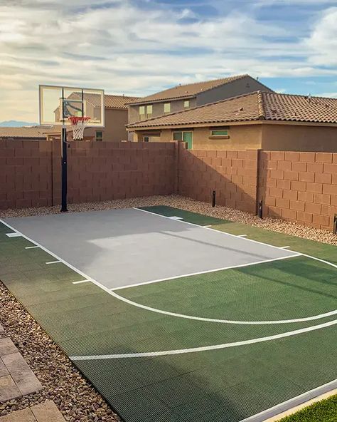 Small Backyard Basketball Courts, Basketball Court Backyard Landscaping, Driveway Basketball Court Ideas, Big Yard Design, Basketball Court In Backyard, Half Court Basketball Backyard, Small Backyard Basketball Court Ideas, Diy Basketball Court Backyard Cheap, Diy Backyard Basketball Court