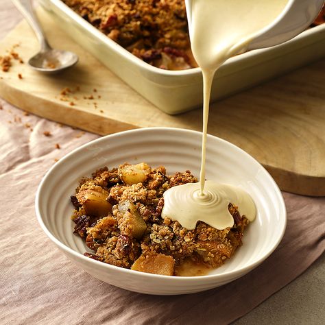 Apple and Pear Crumble Recipe | Recipes from Ocado Pear Crumble Recipe, Pear Crumble, Pear Ginger, Nut Rolls, Fruit Crumble, Pear Fruit, Pecan Nuts, Deli Food, Apple Pear