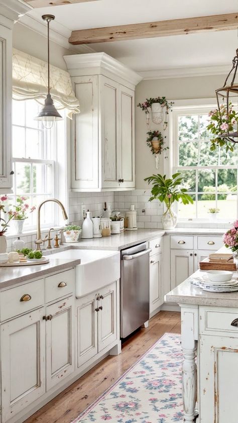 Shabby Chic Decor Kitchen, French Cottage Kitchens, French Country House Interior, French Countryside Kitchen, Small French Country Kitchen, French Cottage Interior, White Country Kitchen, Country French Decorating, French Cottage Kitchen