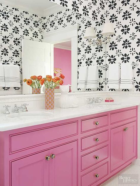 Stylish Bathroom Color Schemes Dreamhouse Barbie, Best Bathroom Colors, Pink Vanity, Bathroom Color Schemes, Bathroom Paint Colors, Bathroom Color, Room Color Schemes, Girls Bathroom, White Countertops