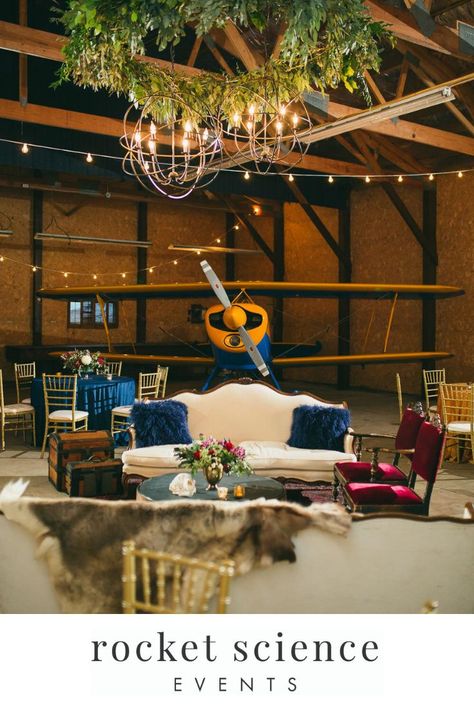 Airplane Hanger Party, Hanger Wedding Reception, Airplane Hanger Wedding, Airplane Hangar Wedding, Airplane Hanger, Hangar Wedding, Airplane Wedding, Aviation Wedding, Science Wedding