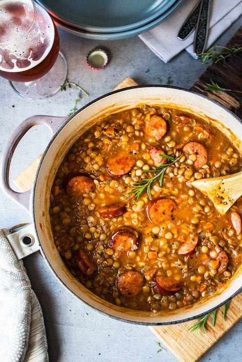 Lentils And Sausage, Andouille Sausage Recipes, Lentil Stew Recipes, Sausage Stew, Sausage Soup, Lentil Stew, Andouille Sausage, Hearty Stews, Lentil Recipes