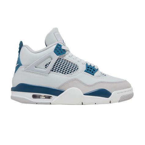 Find JORDAN 4 Retro 'military Blue' 2024 on Editorialist. The 2024 edition of the Air Jordan 4 Retro ‘Military Blue’ also known as 'Industrial Blue' brings back a coveted OG colorway of the legacy silhouette. Smooth off-white leather is utilized on the upper, featuring quarter panel netting and a tonal nubuck forefoot overlay. A vibrant blue Jumpman logo adorns the woven tongue tag, matching the molded eyelets and a back tab marked with Nike Air branding. The sneaker rides on a lightweight polyurethane midsole with encapsulated Air-sole cushioning in the forefoot and a visible Air bag in the heel. Jordan 4 Industrial Blue, Blue Jordan 4’s, Jordan 4 Military Blue Outfit, Jordan 4 Retro Blue, Jordan 4 Blue, Jordan Air 4 Retro, Blue And White Jordans, Jordan 4 Military Blue, Fire Shoes