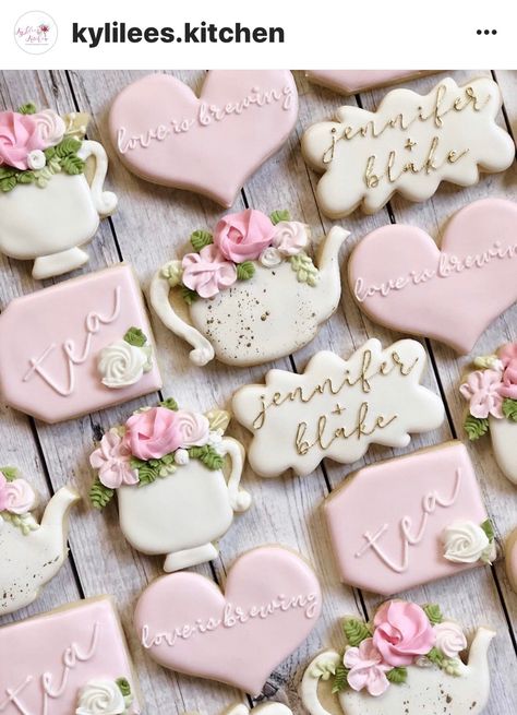 Tea Party Bridal Shower Cookies Decorated, Garden Tea Party Cookies, Tea Party Bridal Shower Desserts, Bridal Shower Cookies Tea Party, Partea Birthday Cake, Tea Party Sugar Cookies Decorated, Tea Party Themed Cookies, Tea For Two Cookies Decorated, Bridal Tea Cookies