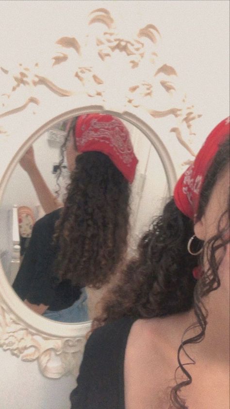 Bandana Hairstyles Hair Up, Curly Hair With A Bandana, Country Hairstyles Curly Hair, Red Bandana Hair, Red Hair Bandana, Red Bandana In Hair, Bandana Hairstyles For Curly Hair, Bandana For Curly Hair, Curly Hair Styles With Bandanas