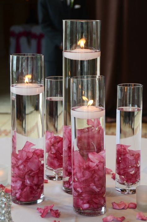 Glass Cylinders Wedding Centerpieces Floating Petals Centerpiece, Tall Vase Centerpiece Ideas, Candles In Glass Cylinders, Glass Cylinder Ideas, Floating Candles Centerpieces, Cheap Table Decorations, Candles Inspiration, Submerged Flowers, Water Centerpieces