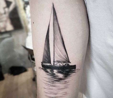 Sail Tattoo, Black Sailboat, Sailing Tattoo, Sailboat Tattoo, Boat Tattoo, Scene Tattoo, Tattoo Shading, Lighthouse Tattoo, Bottle Tattoo