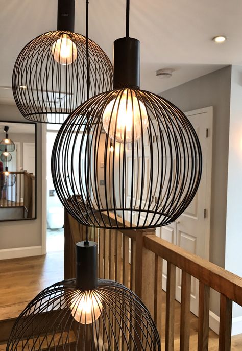 Group of three Aver pendant lights hung over stairwell. Residential interior design by Redcurve Design, Brockenhurst, New Forest, Hampshire. Stairs Lighting Ideas Ceilings, Stairs Lighting Ideas, Stair Lighting Pendant, Sitting Room Lights, Staircase Pendant Lighting, Pendant Lighting Living, Staircase Lighting Ideas, Perspective Room, Scarecrow Ideas