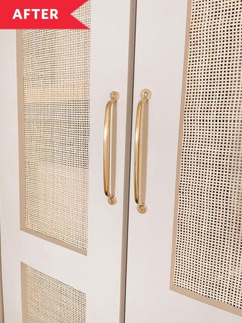 Cane Cabinet Doors Kitchen, Cabinet With Cane Doors, Cane Pantry Door, Caned Cabinet Doors, Wallpaper On Cabinet Doors, Diy Cane Cabinet Door, Cover Glass Cabinet Doors, Laundry Room Apartment, Cane Cabinet Doors