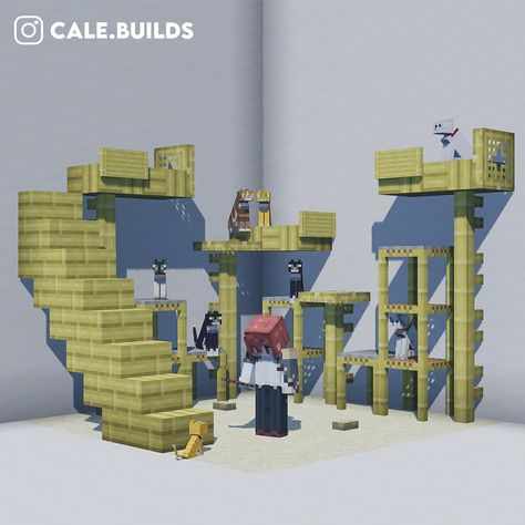 ➜ Follow me for more ideas! #minecraft #minecraftideas #minecraftdesign #minecraftbuildings Cat Room Ideas Minecraft, Cat Tower Minecraft Build, Minecraft Cat House Design, Cat Room Minecraft Ideas, Animal Room Minecraft, Cat Minecraft Ideas, Bamboo Tree House Minecraft, Cat Trees Minecraft, Minecraft Cat Playground