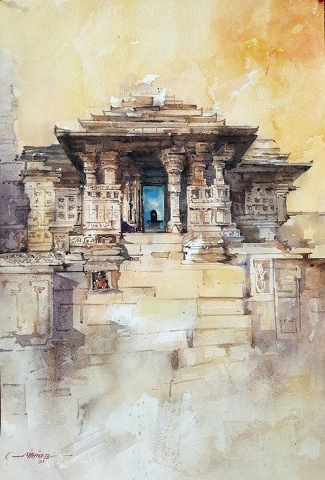 #artwanted Plein Air Watercolor, Watercolor Scenery, Temple Photography, Ancient Indian Architecture, 3d Art Drawing, Watercolor Architecture, Watercolor Subjects, Beautiful Art Paintings, Temple Art