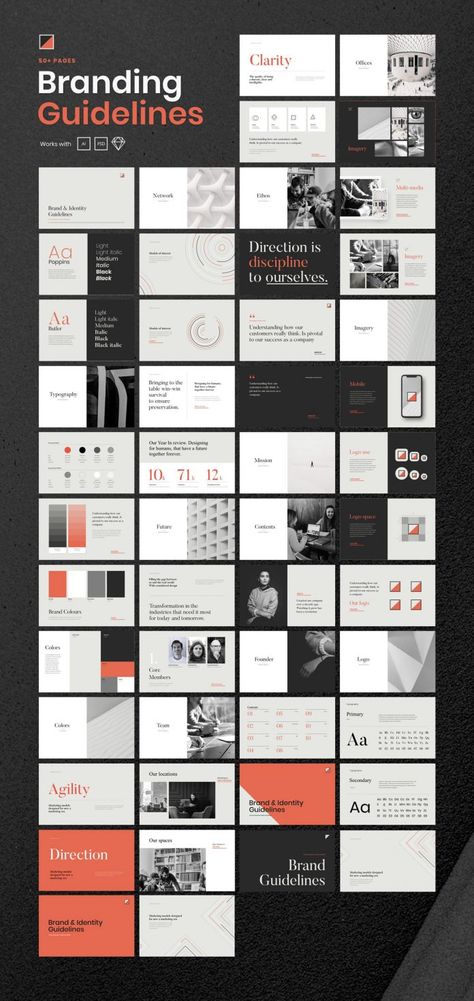 Branding Guidelines Template for Adobe Photoshop, Illustrator, and Sketch. Graphic Design Inspiration Branding, Brand Identity Design Logo Inspiration, Brand Mockup, Brand Guidelines Book, Brand Proposal, Brand Guidelines Design, Brand Standards, Style Guide Template, Brand Identity Guidelines