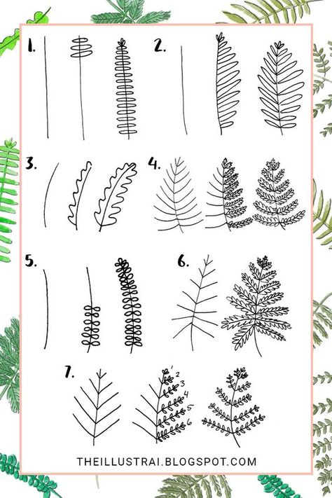 25 Easy Doodle Art Drawing Ideas For Your Bullet Journal | Brighter Craft How To Draw Greenery, Cute Drawing For Notes, Diy Illustration Art, Fern Design Drawing, Fern Doodle Simple, Complicated Doodles, Botanical Sketches Simple, Easy Leaves Drawing, How To Draw Ferns