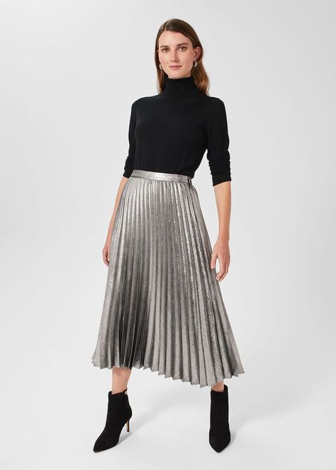 Annabella Pleated Skirt | Silver Pleated Skirt, Metallic Pleated Skirt, Hobbs London, Embellished Sweater, Embellished Sweaters, Skirt Outfit, Pleated Midi Skirt, Knitwear Women, Coat Dress