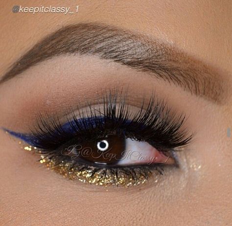 Luv it! Navy Makeup, Navy Eyeliner, Cheer Makeup, Quinceanera Makeup, Gold Eyeliner, Gold Makeup Looks, Gold Eye Makeup, Performance Makeup, Blue Eyeliner