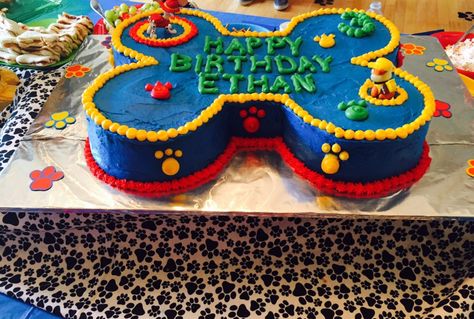 Paw Patrol Birthday Cake for 3 year olds!!  Dog bone cake Paw Patrol Bone Cake, Birthday Breakfast For Husband, Dog Bone Cake, Cheap Birthday Decorations, Bone Cake, Birthday Cake Boys, Paw Patrol Birthday Cake, New Birthday Cake, Paw Patrol Cake