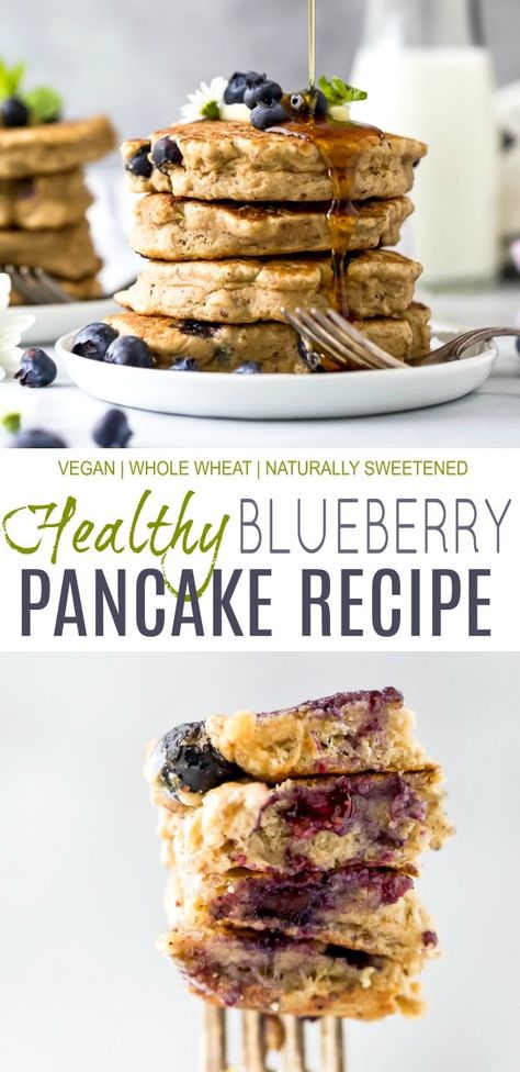 Thick Pancake Recipe, Healthy Blueberry Pancakes, Blueberry Pancakes Recipe, Vegan Pancake Recipes, Fluffy Pancake Recipe, Pancakes Vegan, Wheat Pancakes, Healthy Pancake Recipes, Blueberry Oat