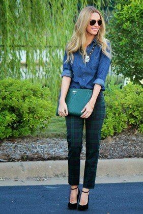 Offset the preppiness of tartan pants by pairing them with a casual, workwear-ready chambray shirt Green Plaid Pants Outfit, Green Plaid Pants, Plaid Pants Outfit, November Outfits, Checked Pants, Plaid Pant, Tartan Pants, Lucky Magazine, Patterned Pants