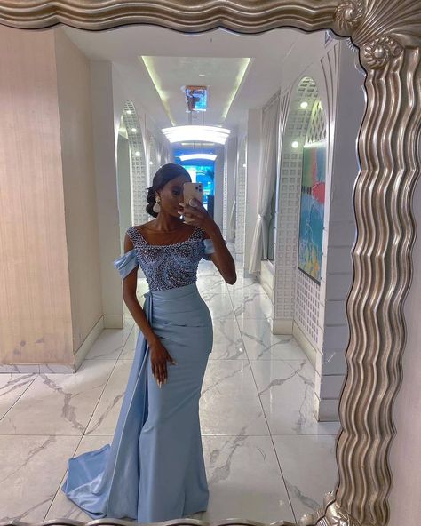 Gorgeous blue dress with beaded bodice. Blue dust of beauty 🥰🥰 Wedding Maid Of Honor Dresses Blue, Nigerian Maid Of Honour Dresses, African Maid Of Honour Dresses, Maid Of Honor Dress Blue, Chief Bridesmaid Dresses Nigerian, Gold Maid Of Honor Dress, Matron Of Honor Dresses, Maid Of Honour Dress, African Formal Dress