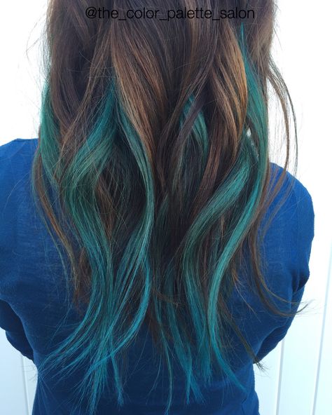 Brown Hair With Teal Peekaboo, Teal Peekaboo Highlights, Turquoise Hair Highlights, Brown And Teal Hair, Teal Peekaboo Hair, Teal Highlights In Brown Hair, Teal Peekaboo Highlights Brown, Brown Hair Teal Tips, Hair Dye For Kids