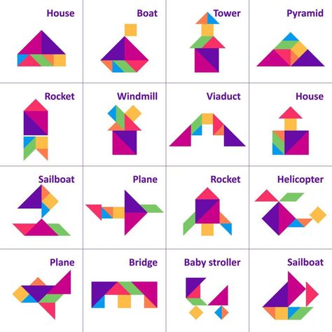 Tangram Activities, Tangram Patterns, Visual Perception Activities, Tangram Puzzles, Montessori Diy, Puzzle For Kids, Chinese Language Learning, Art Painting Tools, Elements And Principles