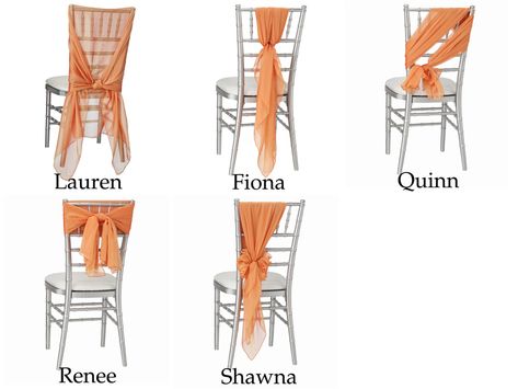 Chair Sash Ideas For Folding Chairs, Chivari Chair Sash Ideas, Diy Chair Covers Wedding Cheap Simple, Folding Chair Decorations Wedding, Chair Sash Ideas Wedding, Chair Decorating Ideas, Reception Chair Decorations, Wedding Chair Cover, Wedding Chair Sashes