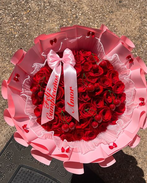 Cherry Bouquet ❤️🍒 In love❤️😍 #love #cherry#irvingtx#florist#ramos#bouquets#flowersbykk#red#roses Valentines Ramos Ribbon, Valentine’s Day Wrapped Bouquet, Valentine’s Day Ramo, Strawberry Shortcake Bouquet, Pink And Red Flower Bouquet, Valentines Roses Bouquet Ideas, Valentines Ramo, Valentines Bouquet Ideas, Valentine Bouquet Ideas