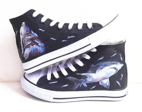 Custom Converse shark canvas Shark Converse, Cute Shark Things, Kawaii Shark Clothes, Shark Slippers Aesthetic, Cute Shark Accessories, Shark Shoes, Shark Week Party, Shark Bait, Custom Sneakers Diy