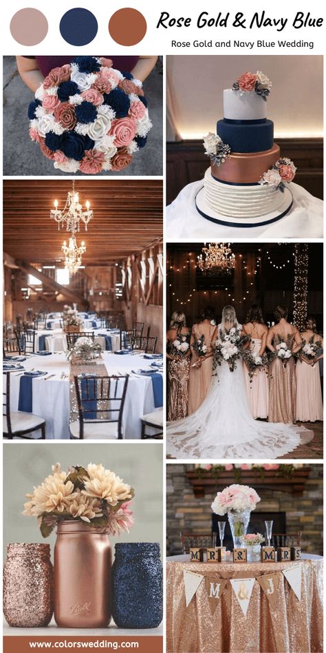 Navy Blue And Rose Gold Wedding Flowers, Rose Gold Navy Blue Wedding, Gold And Navy Blue Wedding, Rose Gold Wedding Theme, Navy Cake, Wedding Rose Gold Theme, Navy Blue And Rose Gold, Rose Gold Wedding Dress, Rose Gold White Wedding