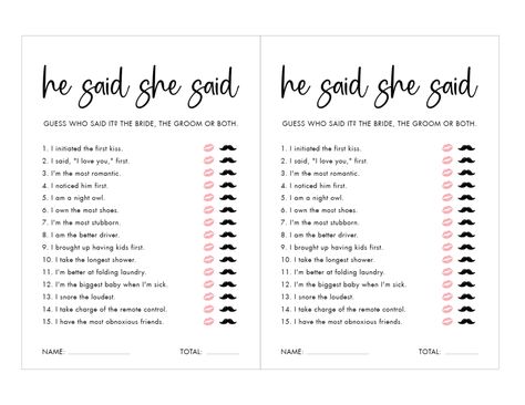 Bridal Shower Game Questions, Bridal Shower Games Free Printables, Free Bridal Shower Games, Game Questions, He Said She Said, Bridal Games, Relationship Stuff, Printable Bridal Shower Games, Most Popular Games