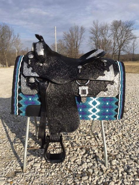 Western Tack Sets, Black Horse Tack Western, Western Pleasure Saddle, Black Western Saddle, Blue Horse Tack Western, Leopard Print Horse Tack, Western Show Shirts, Custom Saddle, Western Saddles