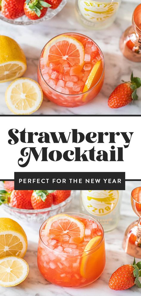 strawberry mocktail, lemon slices, strawberries and sparkling lemon soda Strawberry Lemon Mocktail, Macro Friendly Mocktails, Lemon Lime Mocktail, Strawberry Lime Mocktail, Olipop Soda Mocktail, Pouring Drink, Lemon Mocktail, Strawberry Mocktail, Strawberry Drink Recipes