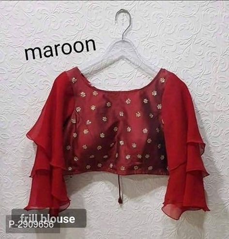 Maroon Engagement Blouse Beautiful Readymade Art Silk Wedding Stone Work Saree Stitched Crop Party W Designer Sari, Blouse Elegant, Frill Top, Frill Blouse, Salwar Kamiz, Indian Wedding Wear, Indian Blouse, Party Kleidung, Sari Blouse