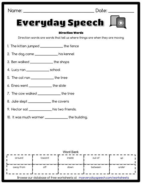 Check out the worksheet I just made using Everyday Speech's worksheet creator! Direction Words - Direction words are words that tell us where things are when they are moving Direct And Indirect Speech Worksheets, 8 Parts Of Speech Worksheets, Direct And Indirect Speech Notes, Parts Of Speech Definitions, Direct And Indirect Speech Worksheets With Answers, S Worksheet, Everyday Speech, Speech Therapy Worksheets, The Worksheet