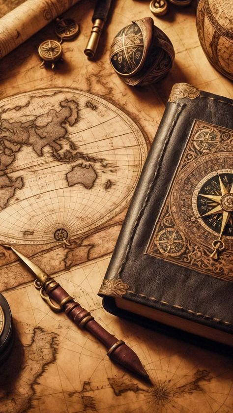 Maps Aesthetic, Kitchen Organizing Ideas, Pirate Aesthetic, Map Compass, World Map Wallpaper, Pirate Art, Leather Bound Journal, Compass Design, Steampunk Decor