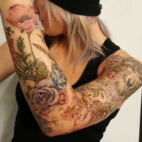 Natur Tattoo Arm, Tattoo Pieces, Colorful Sleeve Tattoos, Tato Tradisional, Feminine Tattoo Sleeves, Floral Tattoo Sleeve, Geniale Tattoos, Flower Tattoo Sleeve, Arm Tattoos For Women