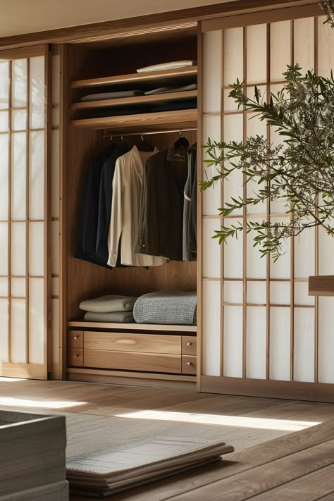 Japanese Style Wardrobe Design, Wall Closet Ideas Bedroom, Japandi Small Apartment, Japandi Wardrobe, Japan Wardrobe, Solid Wood Wardrobes, Quiet Minimal, Home Wet Bar, Japanese Bedroom