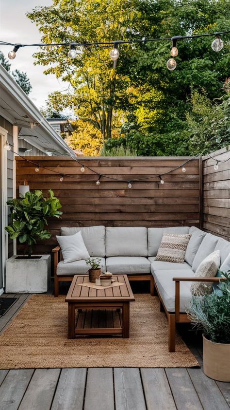 This small patio nook is super cozy and features an outdoor L shaped patio sectional, jute area rug, wooden coffee table, bistro lights along the fence and green plants in neutral planters. Uncovered Patio Ideas, Patio Ideas Townhouse, Backyard Patio Decor, Ideas Backyard Patio, Ideas Terraza, Small Patio Ideas, Small Patio Design, Small Outdoor Patios, Patio Decor Ideas